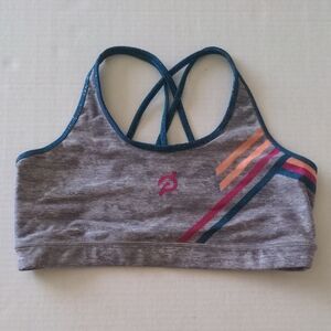 Peloton Sports Bra Women's Size XL Gray With Blue Straps Glitter Stripes Mesh